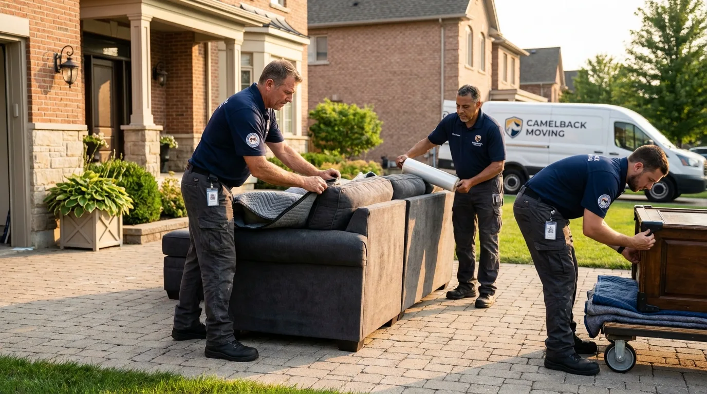 Large estate moving crew wrapping furniture in Marinette, WI