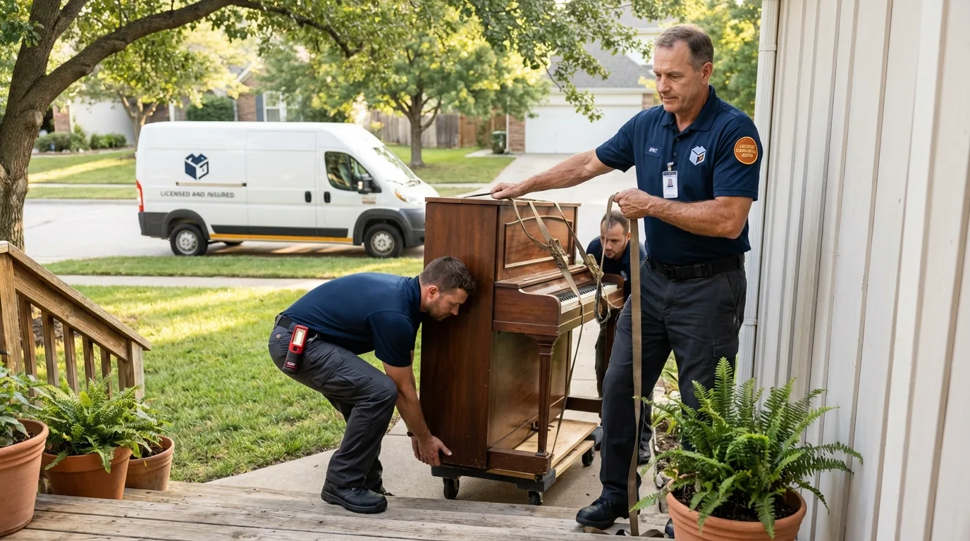 Licensed piano movers securing grand piano in Marinette, WI