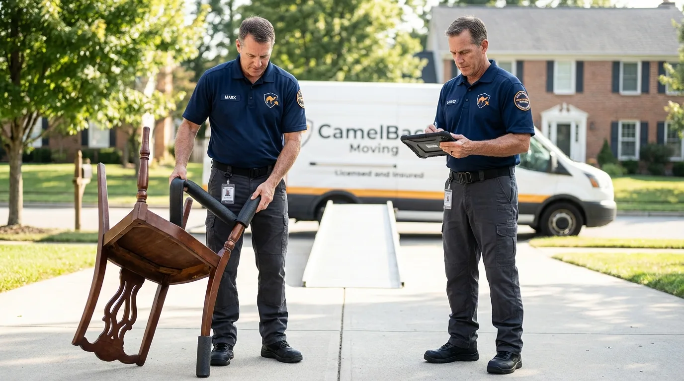 Movers inspecting furniture for damage prevention before loading in Marinette, WI