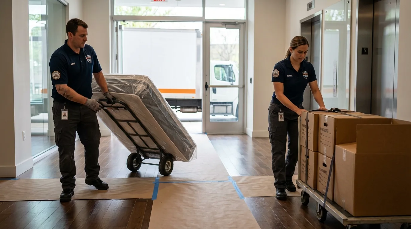 Professional apartment movers loading elevator in Marinette, WI