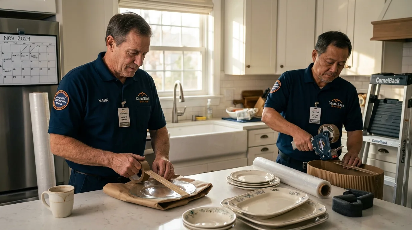 Professional crew packing kitchen dishware in Marinette, WI